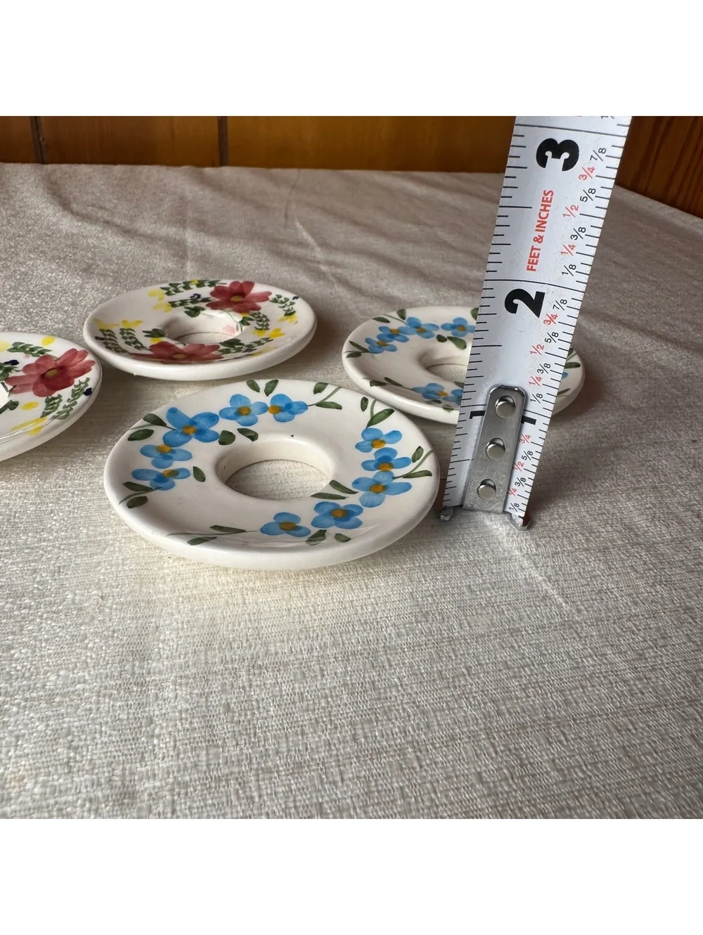 Vintage Hand Painted Ceramic Taper Candle Bobeches Set of 4 Floral Drip Catchers - Picture 6 of 6